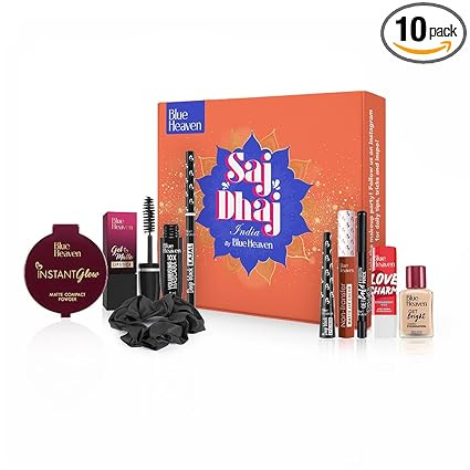 Blue Heaven Saj Dhaj Festive Makeup Kit for Women | Full Face Makeup Kit Combo Set | Natural Medium Tone | Pack of 10 | Long Lasting Beauty Makeup Gift Set for Girls | 19g + 26.3ml