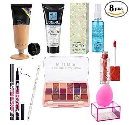 8-in-1 Complete Makeup Combo Kit for Women – Includes 18-Color Eyeshadow Palette, Full Coverage Foundation, Primer, Hydrating Face Mist, Eyeliner, Eyebrow Pencil, Liquid Lipstick & Beauty Blender