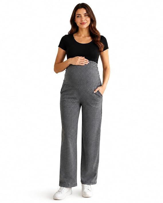Women's Maternity Track Pants | Soft Cotton Pregnancy Pants with Over Belly Support | Stretchable Full Length Maternity Bottom Wear | Dark Grey Melange