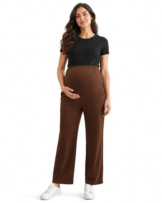 Women's Maternity Track Pants | Soft Cotton Pregnancy Pants with Over Belly Support | Stretchable Full Length Maternity Bottom Wear | Coffee Brown