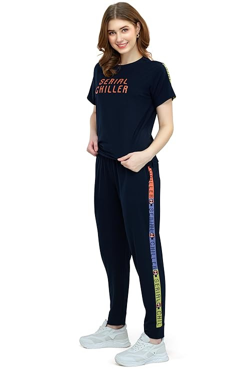 Women's Cotton Typography Side Striped Night Suit Set of Top & Joggers Pajama Set