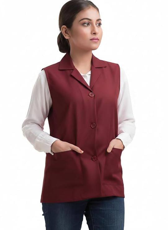 Women's Maroon Sleeveless Waistcoat with Lapel Collar, Button Closure, and Front Pockets