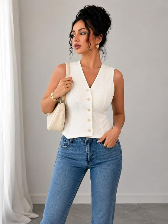 Women's Sleeveless V-Neck Button Front Waistcoat Top | Elegant Summer Casual Vest Tops | Slim Fit Office Tank Top