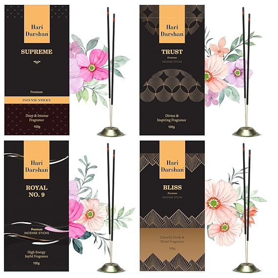 Hari Darshan Premium Agarbatti Stick Combo - 400 Sticks | Long-Lasting Fragrance | Bliss, Supreme Agarbathies for Pooja in a Decorative Agarbatti Box Royal No. 9 Incense Sticks (Pack of 4, 100g Each)