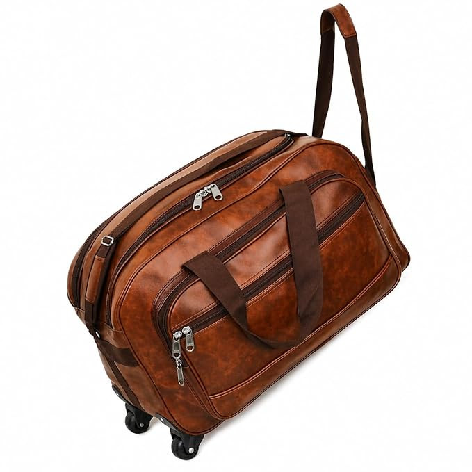 Large Trolley Duffle Bag for Travel, Premium Leather Finish Rolling Travel Bag with Wheels & Shoulder Strap | Spacious Multipurpose Luggage Bag for Men & Women | Ideal for Gym, Trips & Weekend Travel
