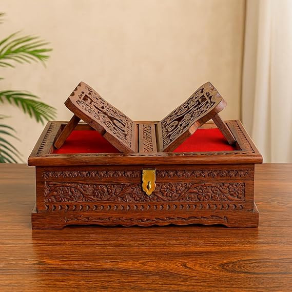 Wooden Holy Book Stand with Storage Box, Hand Carved Rehal for Quran Geeta Guru Granth Sahib, Brown Book Holder with Brass Latch