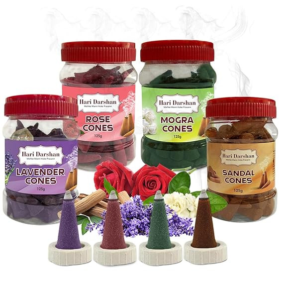 Hari Darshan Dhoop Cones Combo Pack of 4 | Rose Sandal Lavender Mogra | Organic Charcoal-Free Long-Lasting Aromatic Herbal Dhoop Cones for Pooja Meditation & Home Fragrance | Pack of 4 (125g Each)