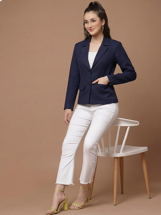 Women’s Navy Blue Formal Blazer Jacket | Slim Fit Office Wear Coat for Women | Stylish Casual Business Blazer