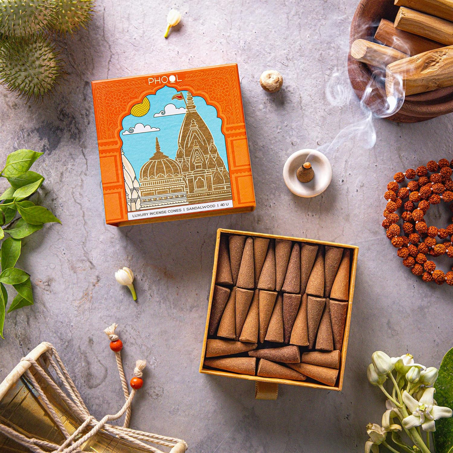 PHOOL LUXURY INCENSE Kashi Vishwanath Pooja dhoop Cone - Sandalwood | Premium Pack of 40 Chandan Dhoop Cones | 100% Natural Certified | Dhoop Flowers Offered at Shri Kashi Vishwanath Temple