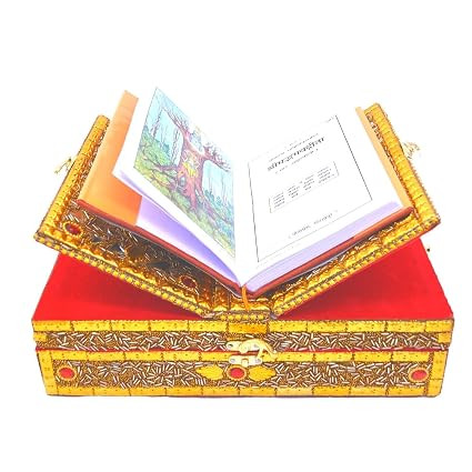 Handmade Wooden Geeta Box with Foldable Stand, Universal Book Holder for Bhagwat Geeta, Ramayan, and Pooja Path, Decorative Golden Wood Book Stand Box for Home Temple