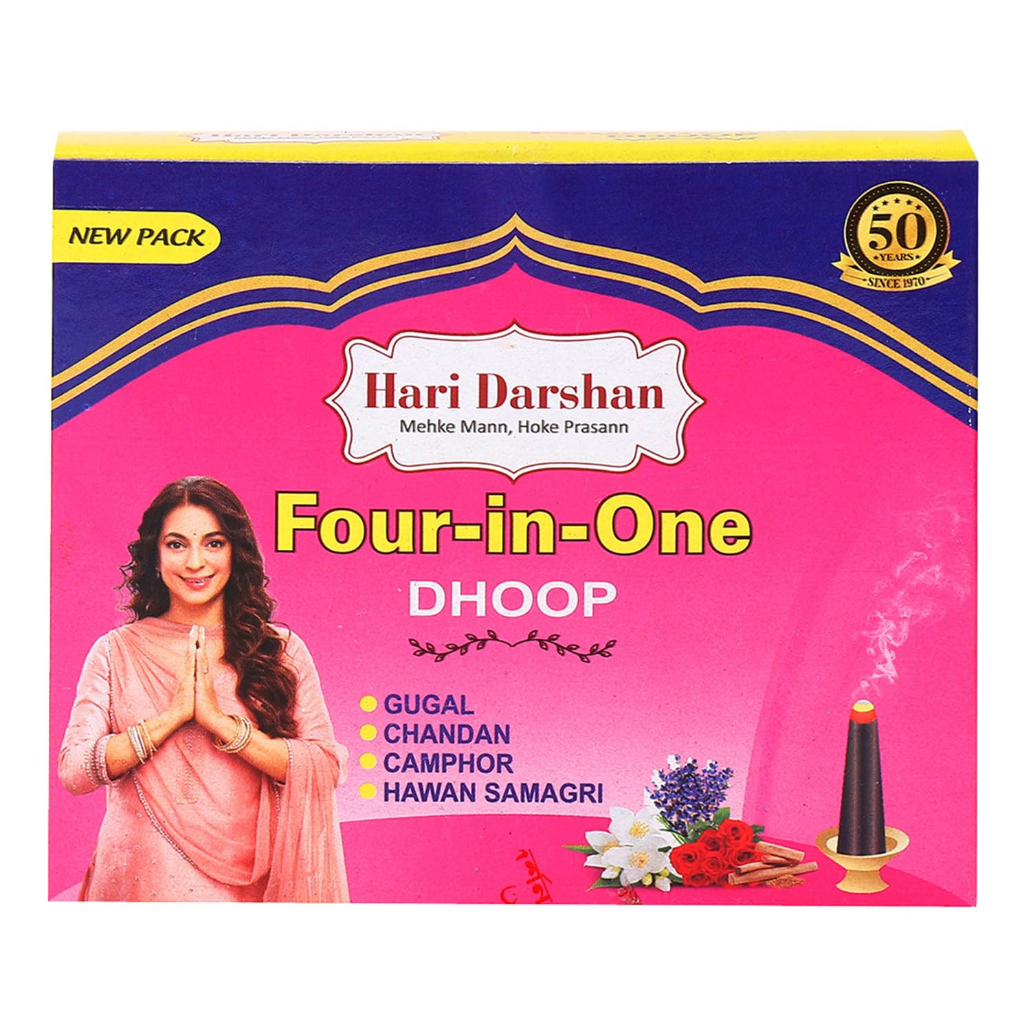 Hari Darshan 4 in 1 Pure Dhoop Batti Combo | 192 Natural | Long-Lasting Organic for Meditation | Four Fragrances – Gugal Chandan Camphor Hawan Samagri | Pack of 12 (16 Each)