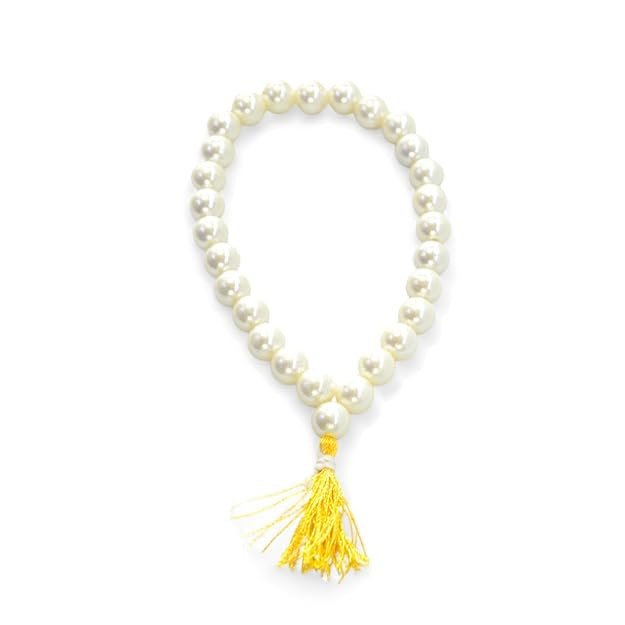 handcrafted Simran Pearl Beads Mala Necklace with Yellow Tassel, 4inches