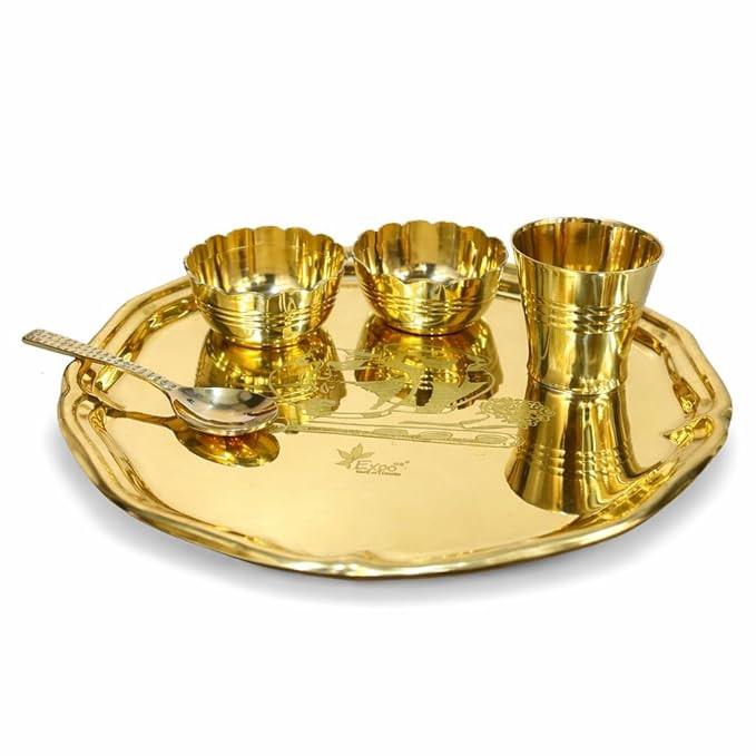 Pooja Plate, Pure Brass Gopal Bhog Plate – 5 Piece | Pure Brass | Pooja Esstenials | Ideal for Home, Gifting