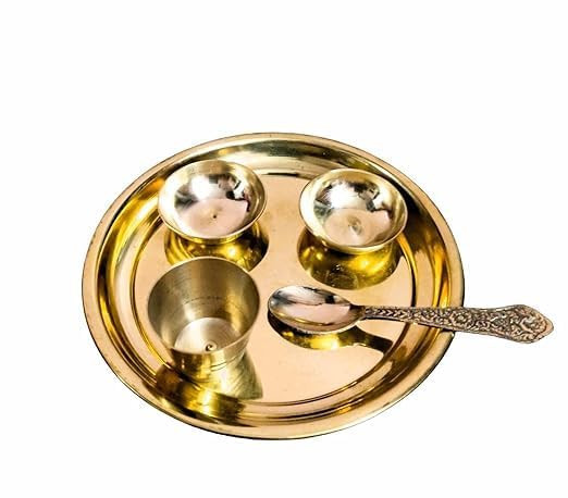 Pure Brass Laddu Gopal Pooja Bhog Set of 5 Pcs Thali Set (1 Dessert Plate/Thali + 2 Bowl + 1 Glass + 1 Spoon) ब्रास लड्डू गोपाल भोग थाली सेट