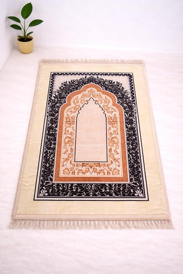 Prayer Mat – Turkey Soft Velvet Namaz Mat | Premium Aasan for Daily Salah, Janimaz Namaz, Comfortable & Durable Prayer Mat | 44x27 Inch, Printed - Cream