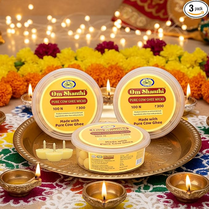 Cycle Pure Om Shanthi Pure Cow Ghee Wicks – Ready-to-Light Diya Battis | Wax-Free, Long-Lasting, Easy to Use | for Daily Puja, Aarti & Festivals | Pack of 3 (100 Wicks Per Pack)