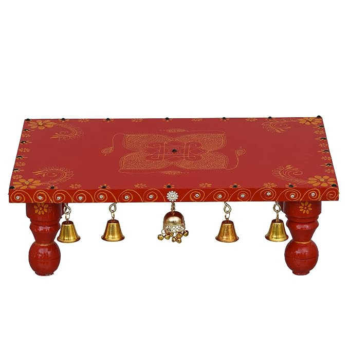 Art Home Decorative Wooden Puja Chowki Patla Diwali Navratri Pooja Special All Indian Festivals Woodan Pooja Choki & Patta Chowk Purna Design with Hanging Golden Bells, (15x10x 5)