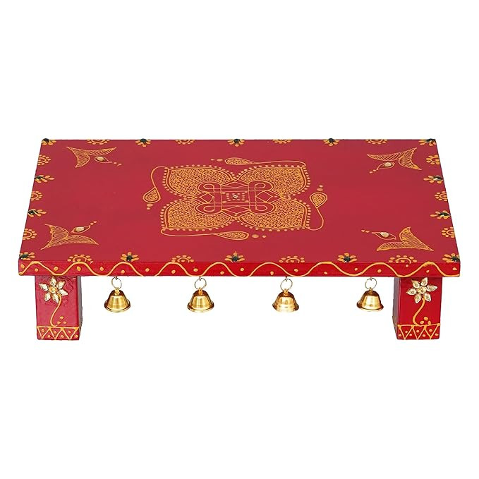 Art Chowk Purna Designed Wooden Chowki/Patla | Wooden patla for puja, Size -12" (Length) x 8"(Width) x 2.5" (Height) Inch , Diwali Decorations items, Puja Chowki for Diwali