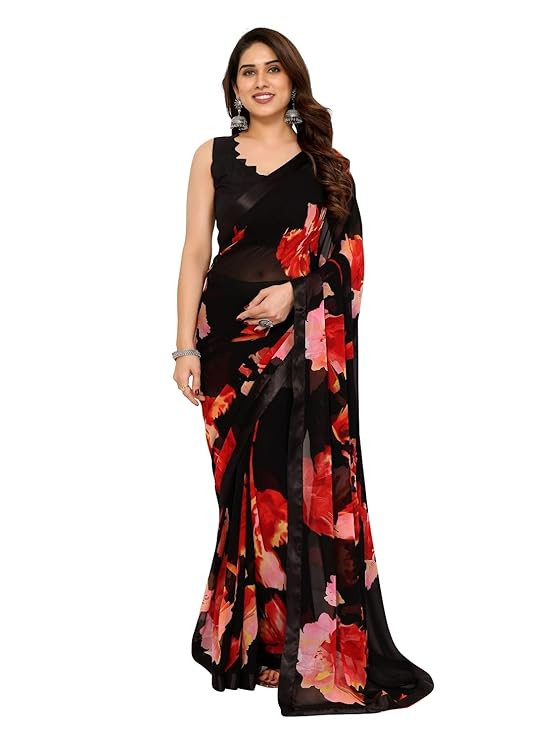 Readymade Pleated Pre Drape Stitched Floral Printed Georgette Saree For Women's With Lace Border & Blouse(Ready To Wear One Minute)