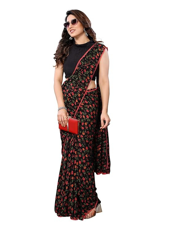 Women's Readymade Pleated Pre Drape Stitched Floral Printed Georgette Sarees For Ladies With Lace Border & Blouse(Ready To Wear One Minute Black Red)