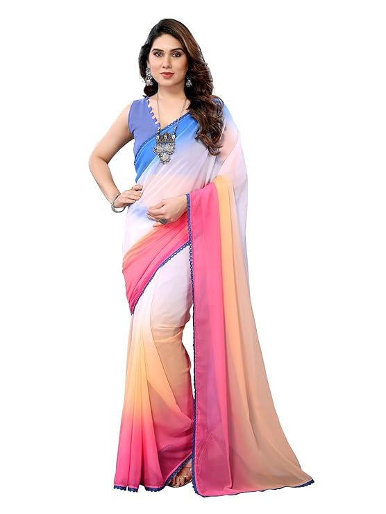 Ready To Wear Pleated Pre Drape Stitched Ombre Georgette Saree For Women With Blouse(Readymade One Minute)