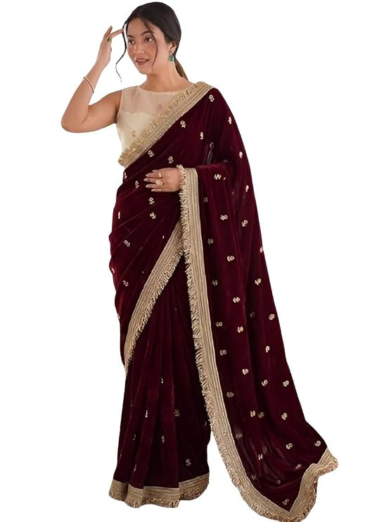 Women's Soft Fabric Ready Pleated Saree with Elegant Embroidery Work, Lace Border & Contrast Embroidered Unstitched Blouse