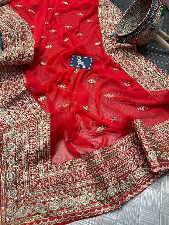 Womens And Girls Georgette Fabric Saree With Zari Embroidery Work ladies Design Wear Sarees Latest Sadi Party Sari wedding Bollywood stylish With Blouse Piece Red Color Saree