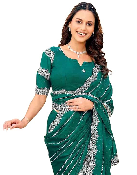 Women's Shimmer Georgette Stone Work Sequins Embroidery Saree with Unstitched Blouse Piece