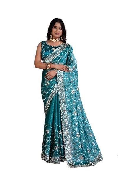 Women’s Premium Teal Blue Embroidered Designer Saree with Heavy Floral Work & Matching Blouse Piece | Elegant Bridal, Wedding, Festive & Party Saree
