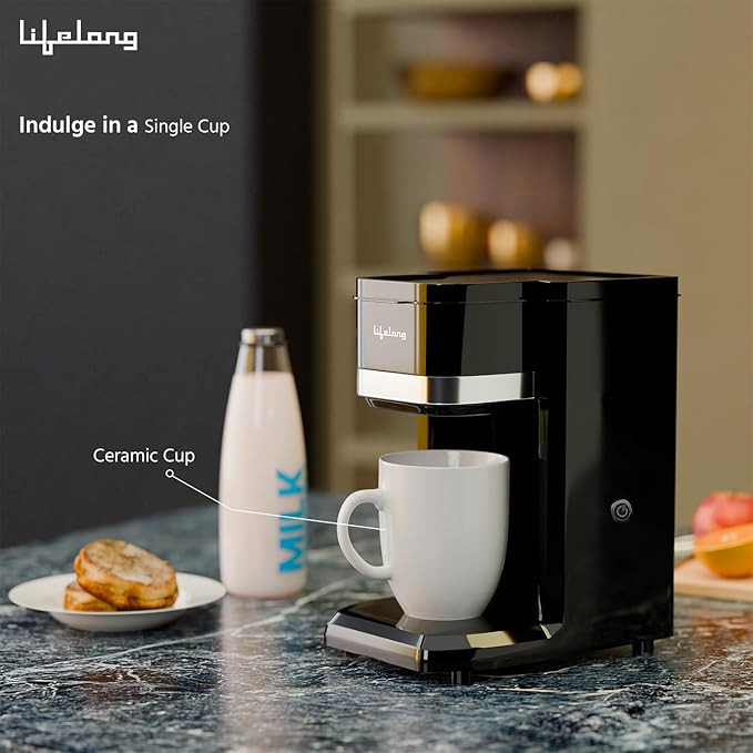 Lifelong Single Cup Coffee Maker- 350 W Coffee Machine for Single Serve, Rapid Coffee Brewer Technology with 125ml Ceramic Cup- Detachable Coffee Filter- Coffee Maker Machine for Home (Black,LLCMK910)