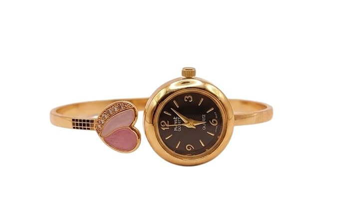 Fashion Gold-Tone Kada Style Watch for Women with Heart Design and Black Dial