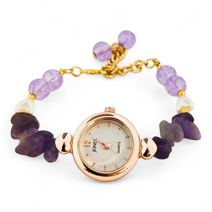 Crystal Bead Wrist Watch for Women, Purple Dial, Amethyst Accents