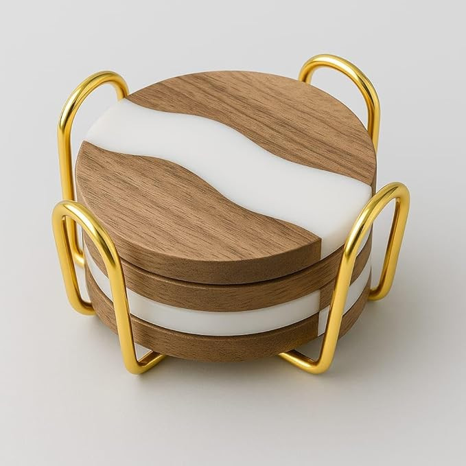 Wooden Coaster Set of 4 for Dining Table – Premium Wood & Resin Drink Coasters with Gold Stand – Stylish Tea Cup, Coffee Mug & Glass Coasters – Modern Table Coaster Set for Home (Round)