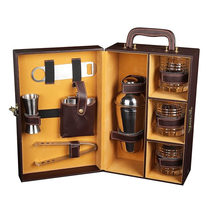 Premium Bar Accessories Set with Whiskey Glasses | Portable Leatherette Bar Tool Kit in Luxury Carry Case | Bar Set for Travel | Bar Set for Car | (Brown)