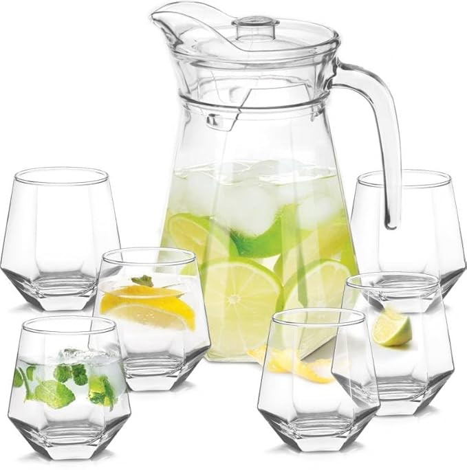 7pc Crystal Water Jug with Glass Set | jug with lid and Handle,6pieces Glass Set, 1pc Jug 1800ml and 6pc Glasses 6x300ml, Freezer Safe and Dishwasher Safe