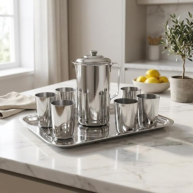 Stainless Steel Drinking Glass Set with Serving Tray and Water jug 1500ml