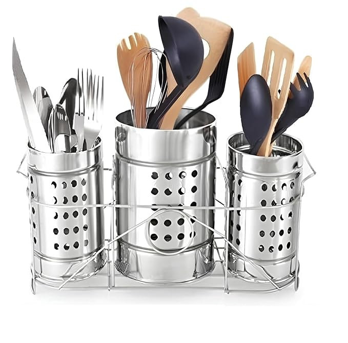 Cutlery Set Spoon Holder for Dining Table with Stand Draining Tableware Utensil Storage Box Spoon,Knife,Fork,Chopstick Steel Cutlery Holder Organizer Stand for Kitchen, Silver 3 Compartment