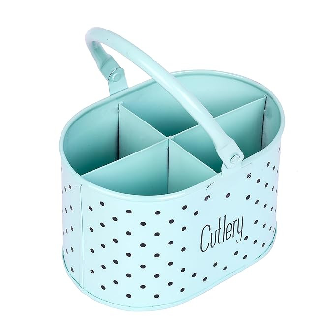 Multipurpose Metal Cutlery Holder Organizer - Spoon, Fork, Knife, Chopstick, Stylish Dining Table & Kitchen Item Holder, Multifunctional Stand Organiser (Cool Blue with Polka Dots)