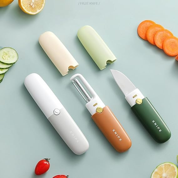 2-in-1 Multifunction Fruit Knife & Peeler | Stainless Steel Folding Paring Knife with Vegetable Peeler | Portable Kitchen Tool with Safety Cover for Fruits & Vegetables (Medium, Multicolour)