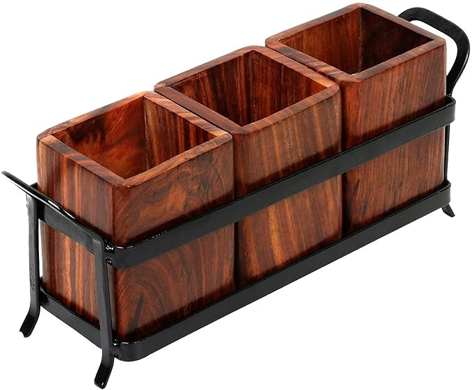 Wooden and Iron Cutlery Holder, Cutlery Set For Dining Table, Spoon Stand For Kitchen, Utensils Holder For Kitchen, Multipurpose Organizer Stand (Set of 3) | Vervique Emporium Wooden Cutlery Holder with Removable Compartments