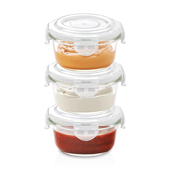 Klip N Store Glass Storage Containers For Kitchen With Air-Tight Lids, Microwave & Oven Safe, Round, Set of 3 (240 ml each), Clear