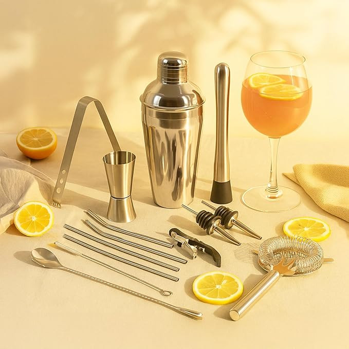 14-Piece Stainless Steel Bar Tool Set | Cocktail Shaker, Peg Measurer, Muddler, Spoon, 2 Wine Pourers, Strainer, Ice Tong, Wine Opener & 5-Pc Metal Straw Set with Brush