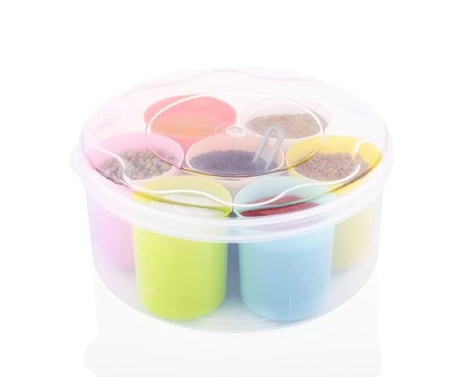 Round 7 Section Masala & Storage Box | Dry Fruit, Pickle & Spice Container | 7-in-1 Spice Box Dabba Organizer for Kitchen | Multipurpose Masala Container with Compartments - Transparent