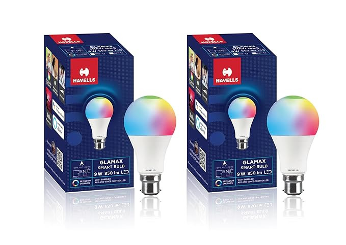 Havells Glamax 9W LED WiFi Smart B22 Bulb|Energy Efficient|Music Sync Function|Compatible with Amazon Alexa and Google Assistant|Multi User Feature|Made in India|Pack of 2