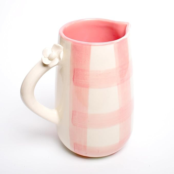 Handmade Ceramic Jug | Milk & Water Jugs for Dining Table Kitchen | Juice Serving Pitcher - 800 ML (Check Pink)