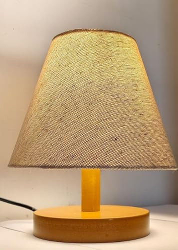 Modern Wooden Bedside Table Lamp with Fabric Shade – Minimalist Nightstand Light for Bedroom & Living Room (Beige)