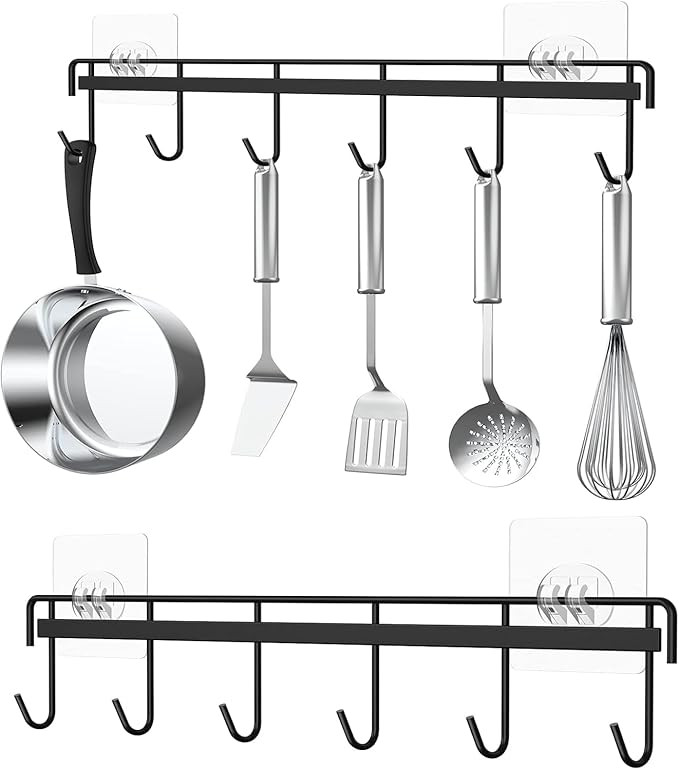 self adhesive Multipurpose Kitchen Wall Hooks for Hanging utensils, with 12 Hooks Wall Mounted for Spoons, Pans Ladles & Cooking Tools Bathroom towel clothes Hanger,