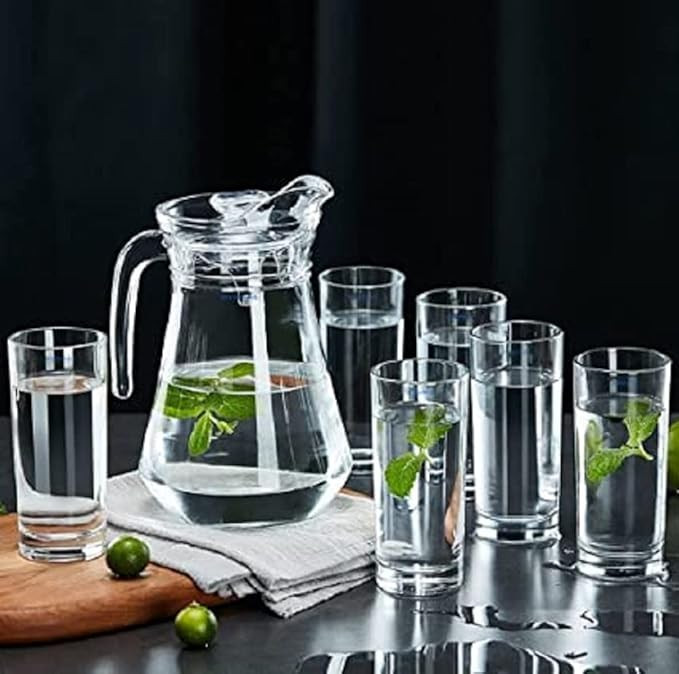 Premium 7 pcs Set of Water Jug and Glasses Set of 6 Pcs and Jug Set - Glasses 300ML, Jug 1.3 Liter, for Dining Table, Juice, Iced Tea, Milk, Cold Brew Coffee, Lemonade - Fridge Storage