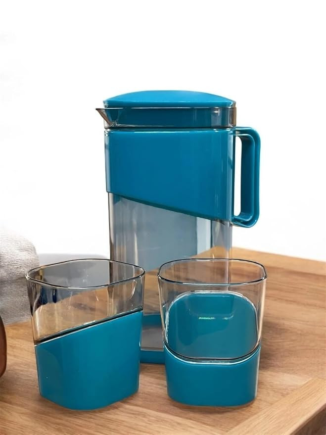 Water Jug with 4 Glass Set, Food Grade Plastic Water Pitcher with 6 Matching Glasses, Beverage Serving Set for Home Kitchen Dining Table