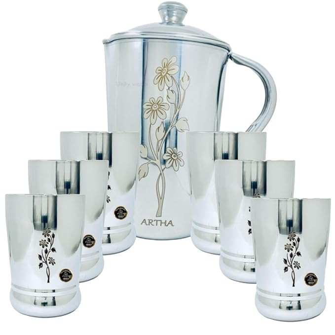 Jug Glass Set of 7 Pcs -Stainless Steel Mirror Polished and Laser Printed 2 Litre Water Jug with 6 Heavy Duty Glasses 400 Ml Each Weigh 100 Gram Each Glass and 400 Gram Water Jug
